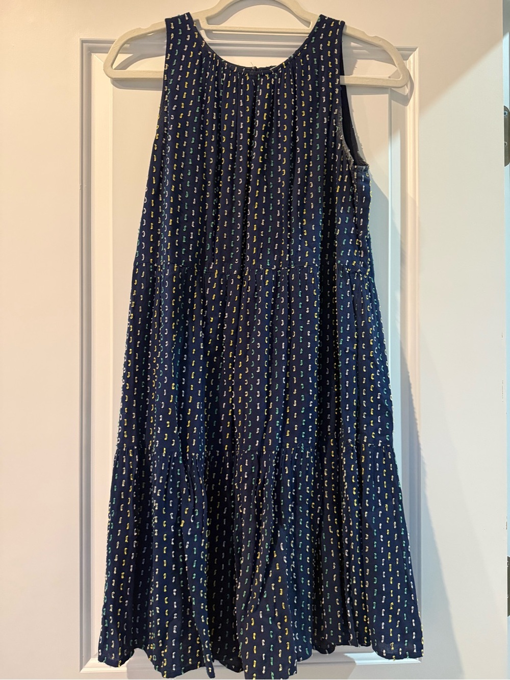 LOFT Navy Sleeveless Dress with Yellow & White Dot Accents